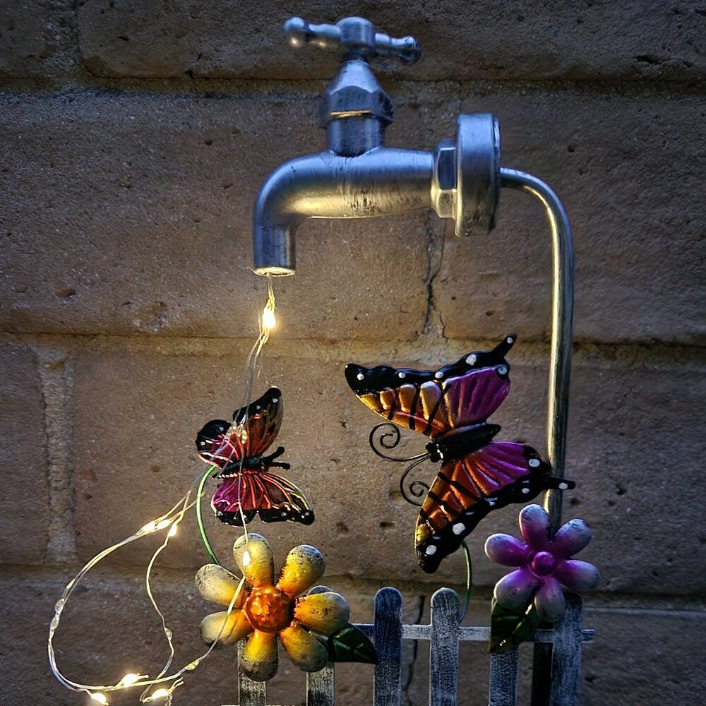 Metal Butterfly With Faucet Flashing Solar Stake Home Decor 36" H